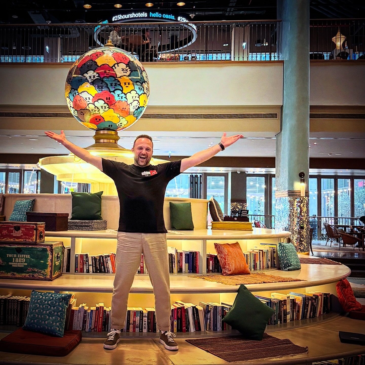 Dimitry with arms wide open in a Dubai hotel lobby